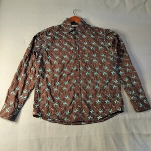 Men's Brown and Blue Casual Button Down Shirt